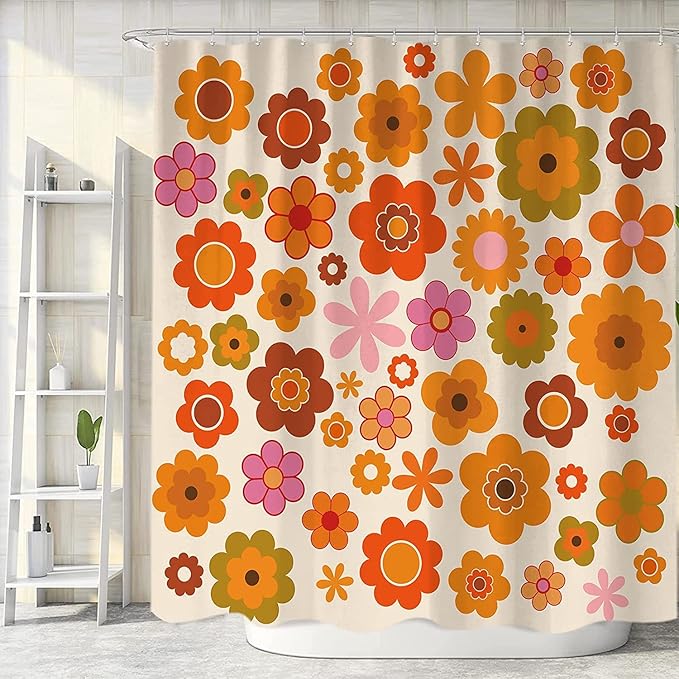 Retro Flowers Shower Curtain, Groovy Brown Orange Sun Flower Vintage 70s Fabric Shower Curtains Set for Bathroom Funky Hippie 1970 Boho Yellow Floral Decoration with Hooks 72 X 78 inch Bath Decor