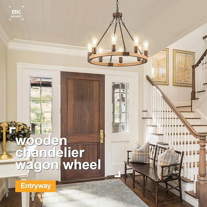 Farmhouse Wagon Wheel Chandelier 23.6" Wooden Rustic Light Fixtures 8-Light Wood Round Chandelier for Dining Room Kitchen Entryway Foyer