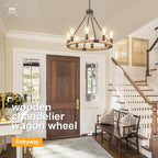 Farmhouse Wagon Wheel Chandelier 23.6" Wooden Rustic Light Fixtures 8-Light Wood Round Chandelier for Dining Room Kitchen Entryway Foyer