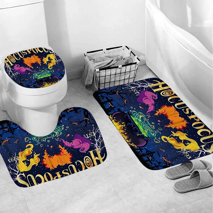 4 Pcs Halloween Shower Curtain Set, with Non-Slip Rugs,Toilet Lid Cover and Bath Mat, Hocus Pocus Decor for Bathroom, Halloween Party Gifts Supplies