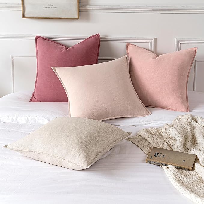 MIULEE Decorative Linen Pillow Covers 18x18 Inch Pink Boho Farmhouse Neutral Couch Throw Pillows for Bed Pack of 2 Accent Modern Pillowcase Sofa Livingroom Home Decor