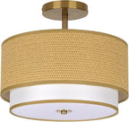 Boho Light Fixtures Woven Rattan-Style Flush Mount Ceiling Light, 12.6inch Closed to Ceiling Light Fixture with 2-Tier Drum Design for Bedrooms, Kitchen, Dining Room, Hallway