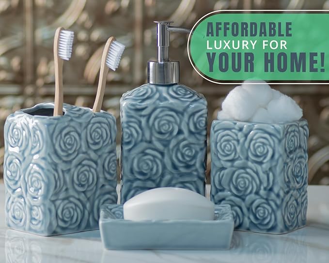 Comfify Designer 4 Piece Bathroom Accessory Set – Ceramic Bath Set w/Liquid Soap or Lotion Dispenser, Toothbrush Holder, Tumbler and Soap Dish – Decorative Set w/Embossed Details – Dark Grey