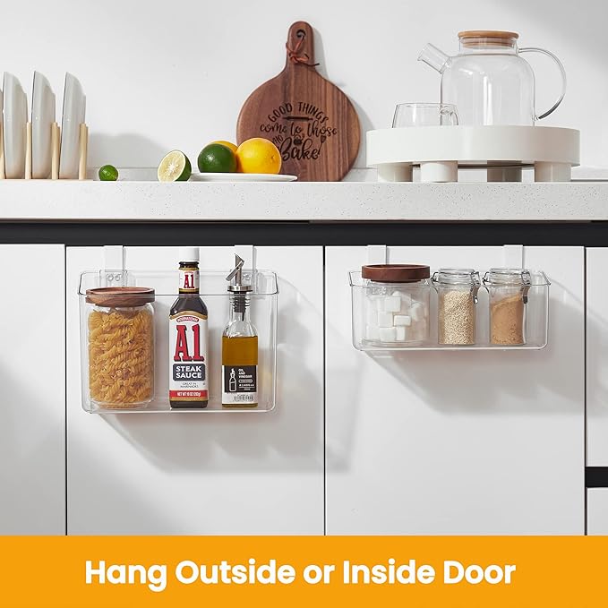 vacane Plastic Over Cabinet Door Organizer with Removable Hooks, Clear Hanging Baskets for Organizing Over the Cabinet Organizer Holder for Kitchen, Pantry, Bathroom-Hang Outside or Inside Door-L