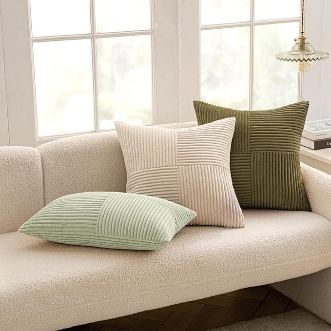 MIULEE Light Green Corduroy Pillow Covers Pack of 2 Boho Decorative Spliced Throw Pillow Covers Soft Solid Couch Pillowcases Cross Patchwork Textured Cushion Covers for Living Room Bed Sofa 18x18 inch