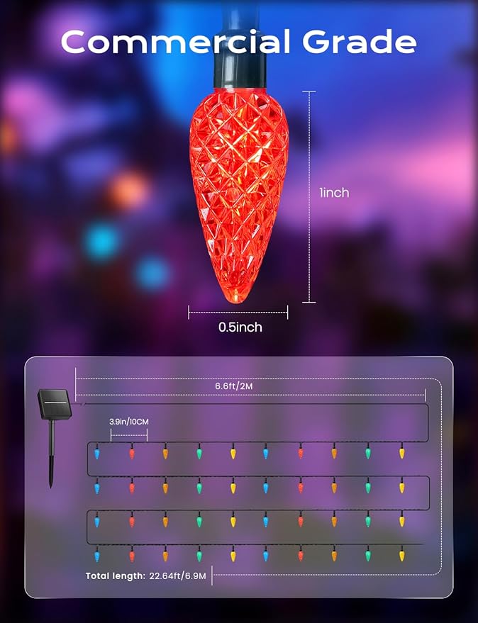 Brightown 4 Pack Solar Operated C6 Strawberry String Lights, 22.64ft 50 LEDs Multicolor LED Christmas Fairy Lights, Solar Christmas Lights Outdoor, Christmas Decorations for Christmas Tree