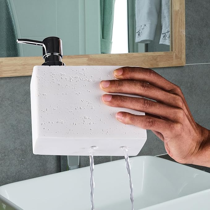 White Travertine Soap Dispenser with Sponge & Brush Holder – Hand & Dish Resin Soap Pump Bottle for Kitchen & Bathroom, 2-in-1 Countertop Organizer, with 2 Natural Sponges (Luxury Home Decor)