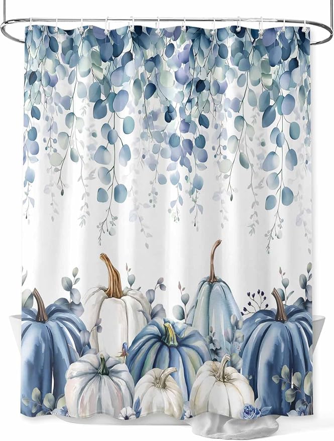 Fall Thanksgiving Shower Curtain, Blue Eucalyptus Leaves Shower Curtains Set with Hooks, Autumn White Pumpkin Waterproof Fabric Bathroom Curtains Decor Home Accessories,72 X 84 Inch Extra Long
