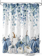 Vandarllin Fall Thanksgiving Shower Curtain, Blue Eucalyptus Leaves Shower Curtains Set with Hooks, Autumn White Pumpkin Waterproof Fabric Bathroom Curtains Decor Home Accessories,Stall Long 54 X 78