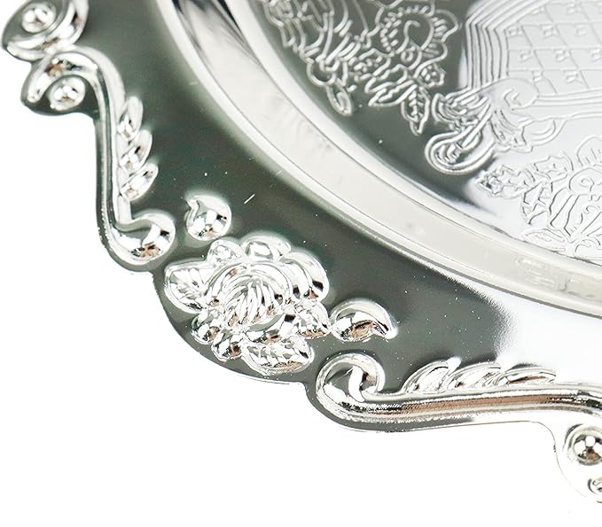 Quluxe Round Platter Serving Tray Metal Reusable Decorative Appetizer Platter Dessert Plate for Kitchen Party Centerpiece Display, 2 Pcs Silver (4 Inch+10 Inch)