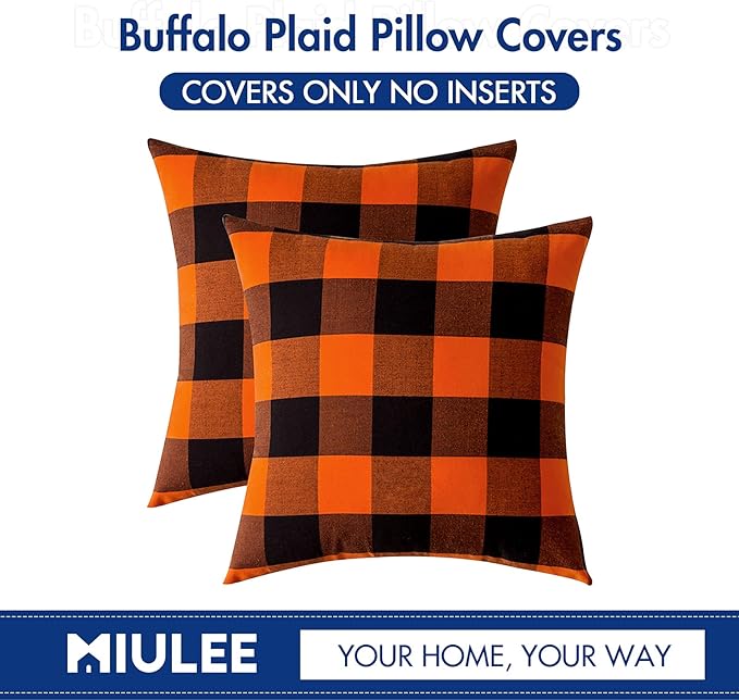 MIULEE Fall Throw Pillow Covers Halloween Decorations Pack of 2 Buffalo Check Farmhouse Plaids Polyester Linen Outdoor Cushion Case for Sofa Couch Orange and Black 18 x 18 Inch 45 x 45 Cm