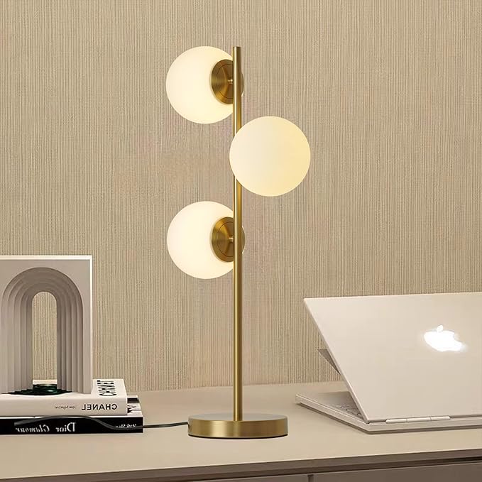 Mid Century Modern Table Lamp White Glass Shade Nightstand Light for Bedroom Offices 3 Globe Table lamp Gold LED lamp