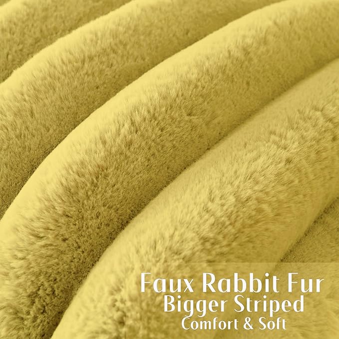 FUTEI Mustard Yellow Decorative Throw Pillow Covers 12x20 Inch Set of 2, Square Soft Faux Rabbit Fur Big Striped Cushion Cover,Home Decor for Couch Sofa Bed Living Room