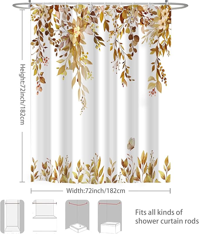 Eucalyptus Shower Curtain, Brown Watercolor Leaves with Floral Botanical Bathroom Decor, Waterproof Fabric Bath Curtain Set with Hooks, 72x72 Inches
