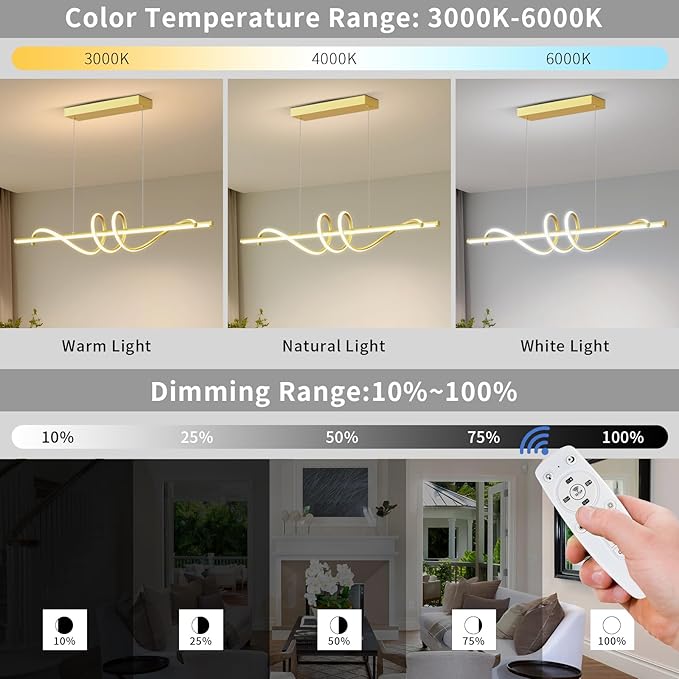 Modern LED Pendant Lights, 39in Gold Chandelier Dimmable with Remote Control 3000k-6000K Adjustable Color Temperature, Aluminum Island Lighting Lamp Fixture for Kitchen, Dining Room