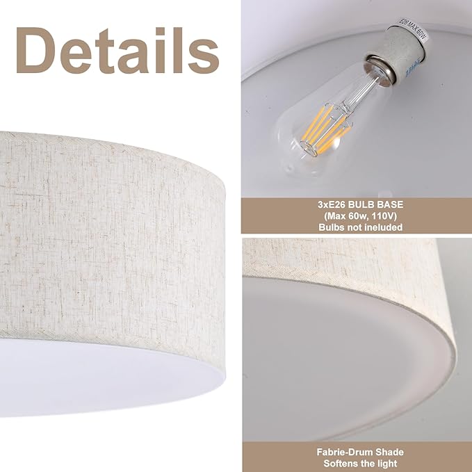 3-Light Ceiling Light Fixture, 13" Drum Flush Mount Ceiling Light, Modern Close to Ceiling Lights with Fabric Linen Shade Farmhouse Flush Mount Light for Bedroom Hallway Kitchen Dining Living Room