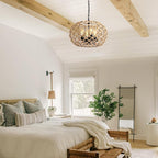 19" Rattan Farmhouse Chandelier Light Fixtures,4-Light Boho Rattan Chandelier for Dining Room Large Hand Woven Pendant Light Hanging Light Fixtures with Fabric Shade for Living Room Bedroom Kitchen