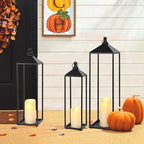 22'' 19'' 17'' Lanterns Decorative Outdoor Indoor, Set of 3 Black Metal Candle Lanterns Halloween Lanterns Modern Farmhouse Floor Lantern Decor for Room, Porch, Mantle, Patio, Garden