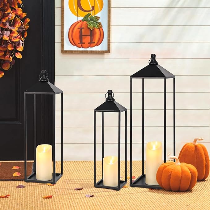22'' 19'' 17'' Lanterns Decorative Outdoor Indoor, Set of 3 Black Metal Candle Lanterns Halloween Lanterns Modern Farmhouse Floor Lantern Decor for Room, Porch, Mantle, Patio, Garden