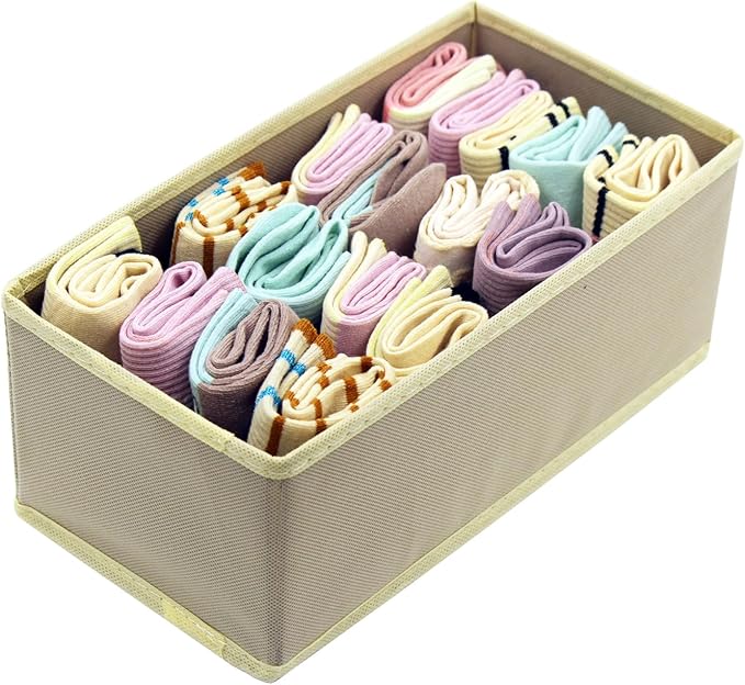 Small Underwear Drawer Organizer 3 Pack Beige, 11' Fabric Dresser Drawer Dividers for Sock Bra and Baby Clothes, Wardrobe and Closet Stoarage Bins for Living Room