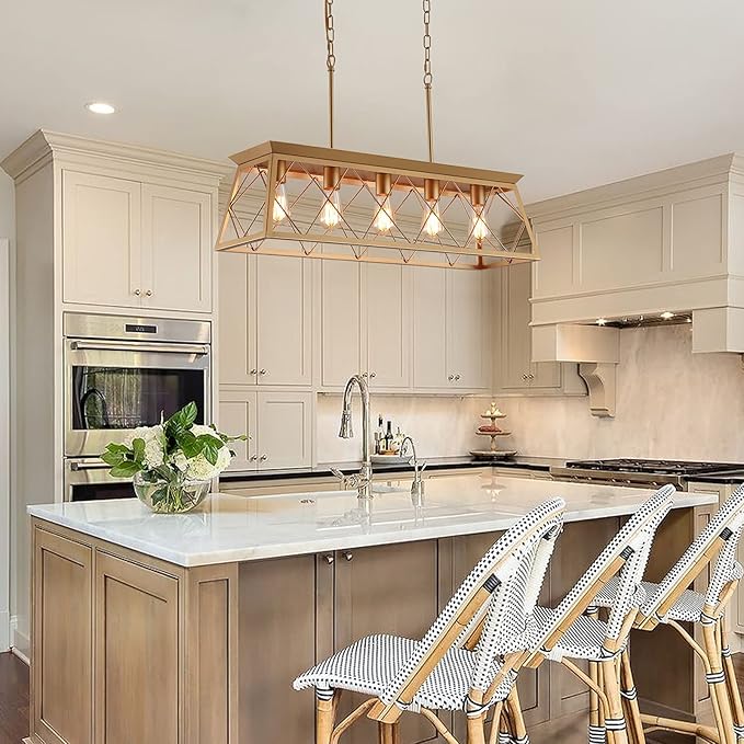 Q&S Modern Farmhouse Chandelier Light Fixtures,5-Lights Gold Linear Industrial Light Fixtures for Kitchen Island Bar Dining Table UL Listed