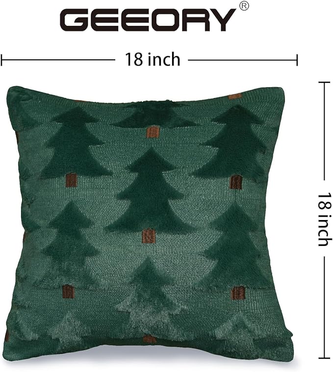 GEEORY Christmas Pillow Covers 18x18 Inch Set of 2, Christmas Decorations Xmas Tree Soft Plush Fluffy Faux Fur Decorative Throw Pillows Rustic Winter Decor Cushion Case Green Brown GC033-18