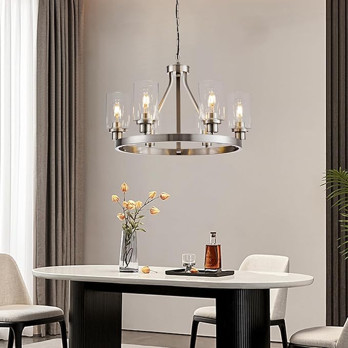 6-Light Modern Dining Room Light Fixture Brushed Nickel Kitchen Chandelier Ceiling Hanging Pendant Lighting with Glass Shade for Living Room Bedroom Entryway Adjustable Height Metal E26
