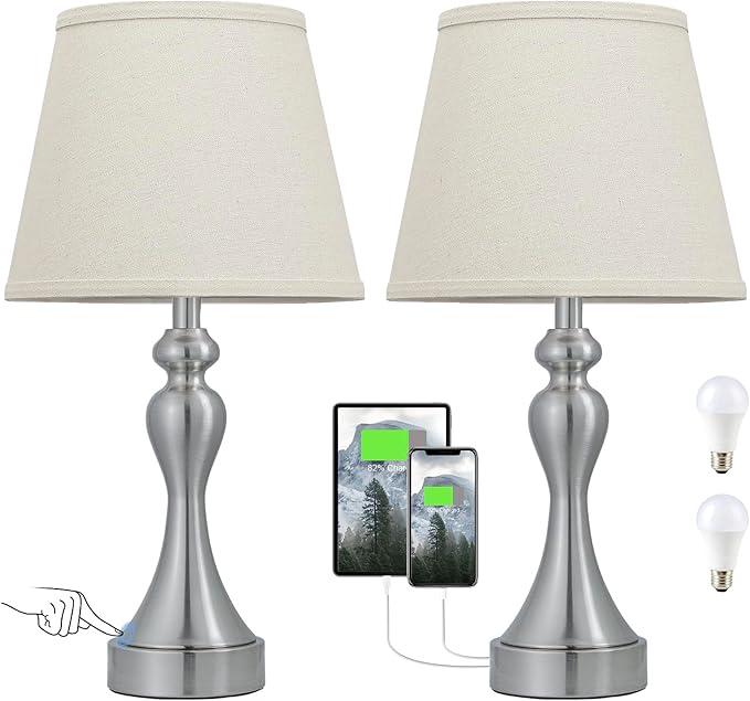 Seealle Touch Lamps for Night Stands - Bedside Lamps Set of 2, 3 Way Dimmable, USB C+A for Bedroom & End Tables (Oat&Nickel)