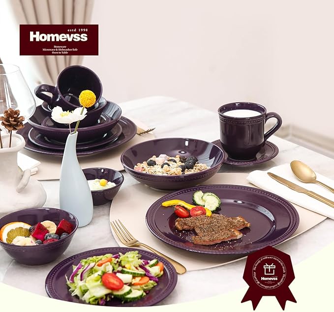 Pearl Dots Stoneware Dinnerware Set (Purple, 56pc Set)