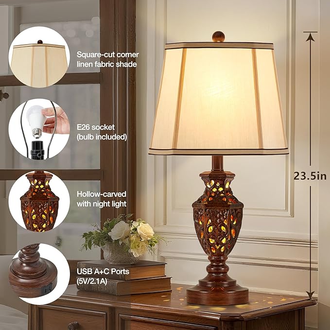 Lamps for Night Stands Set of 2-23.5" Vintage Bedside Lamp with USB A+C and Nightlight - Brown Retro Carved Resin Farmhouse Desk Lamp for Bedrooms, End Tables, Living Room, Bulbs Included
