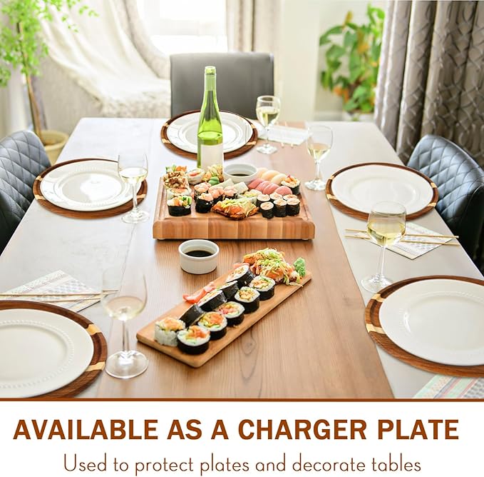 Rtteri 10 Pieces Acacia Round Wood Plates 14 x 0.6 Inch Dinner Plates Wooden Charger Platter Bulk Easy Cleaning Lightweight Serving Tray for Dishes Snack Dessert