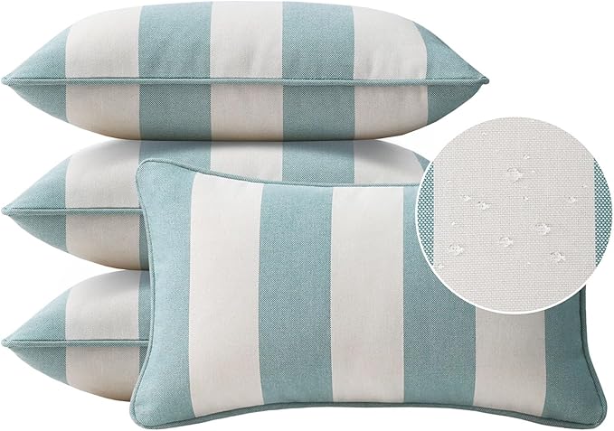 Decorative Outdoor Water Repellent Throw Pillows with Inserts, Set of 4, 20" x12" Pillows for Patio, Backyard, Bed, Couch, and Patio Furniture, Turquoise Stripe