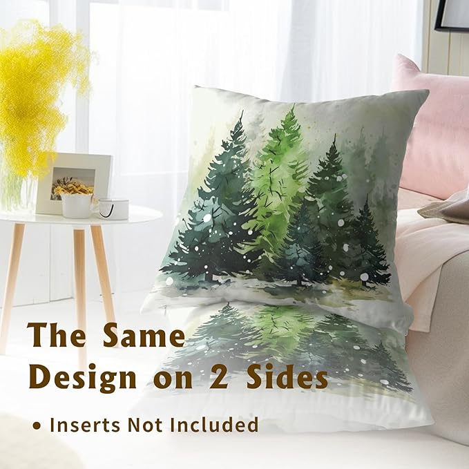 Christmas Throw Pillow Covers 22x22 Set of 2, Green Xmas Tree Woods Winter Holiday Decorative Pillow Cases Cotton Cushion Cover for Couch Sofa Farmhouse Home Decor