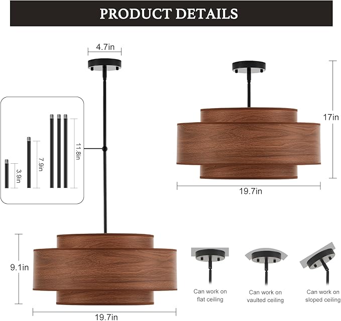 Farmhouse 19.7" Drum Wooden Chandelier Vintage 4-Lights Modern Chandelier with Wood Finish Linen Shade Retro Drum Chandeliers for Dining Room, Kitchen Island, Living Room, Bedroom