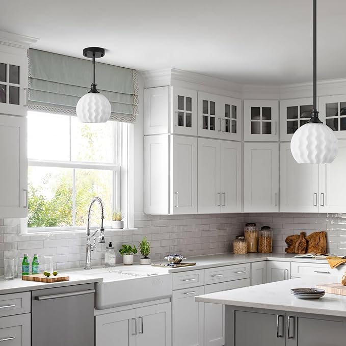 Milk Glass Pendant Lights Kitchen Island 2 Pack, 7.3" Black Modern Pendant Light Fixtures with Rods, Globe Hanging Lighting for Kitchen Sink Bathroom Dining Room, E26 Base