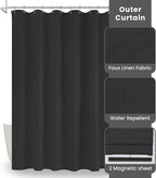 Inhousolu Boho Farmhouse Shower Curtain with Fabric Liner Set, Faux Linen Textured, 14 Metal Hooks Luxury Weighted Hem, Washable Wrinkle Free Bath Curtain for Hotel Bathroom 72" W x 72" L Black
