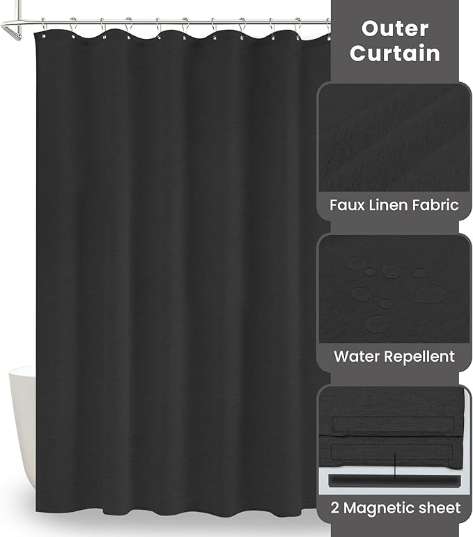 Inhousolu Boho Farmhouse Shower Curtain with Fabric Liner Set, Faux Linen Textured, 14 Metal Hooks Luxury Weighted Hem, Washable Wrinkle Free Bath Curtain for Hotel Bathroom 72" W x 84" L Black