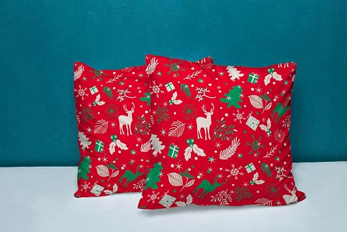 CAPSCEOLL 2PCS Red Pillow Cover 20X20Inch Green Christmas Reindeer Branch Cute Deer Floral Foliage Pine Tree Snowflake Standard Pillow Covers for Bedroom Sofa Living Room