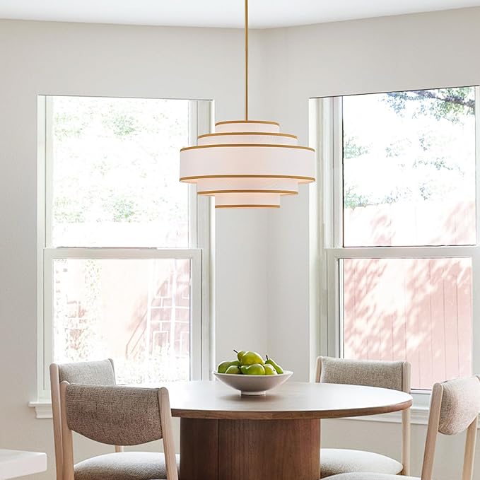 19.7" Gold Drum Chandelier with White Linen Lampshade 4-Light Modern Farmhouse Chandelier Light Fixture for Living Room, Dining Room, Kitchen Island, Foyer, Entryway, Bedroom