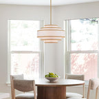 19.7" Gold Drum Chandelier with White Linen Lampshade 4-Light Modern Farmhouse Chandelier Light Fixture for Living Room, Dining Room, Kitchen Island, Foyer, Entryway, Bedroom
