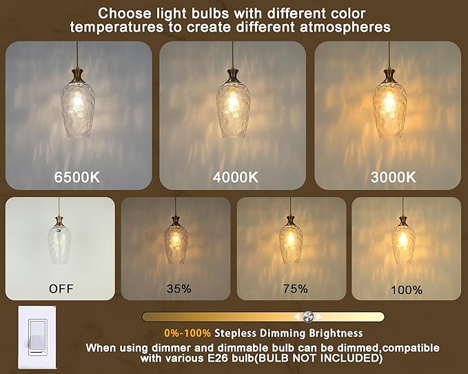 2 Pack Glass Pendant Lights Kitchen Island Gold Vintage Pendant Light Hand-Blown Hammered Clear Glass Hanging Light Fixtures E26 Brass Pendant Light for Kitchen Sink Dining Room
