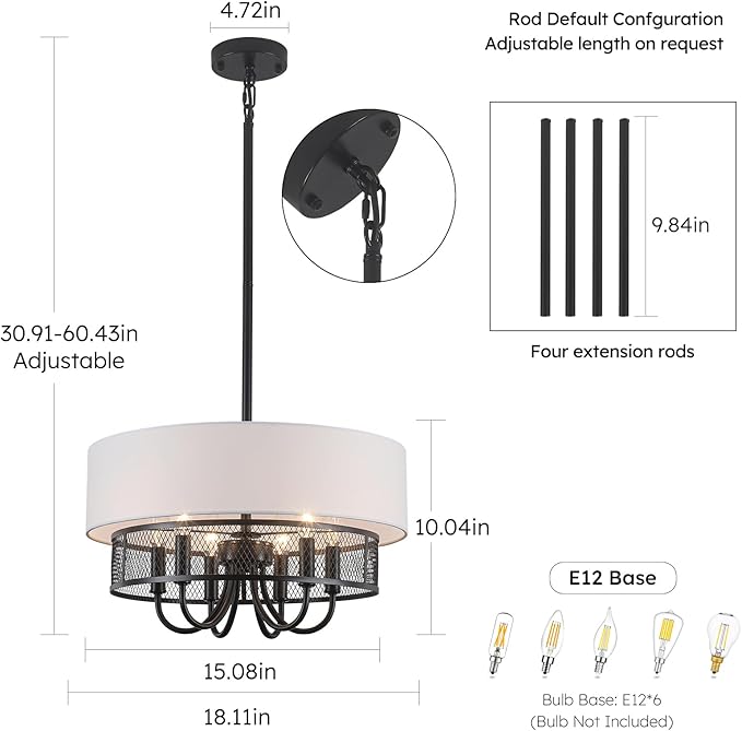 6-Light Modern Drum Chandelier for Dining Room,18'' Large Drum Pendant Light with Fabric, 2-Layer Farmhouse Chandeliers for Bedroom Dining Room Foyer Kitchen Hallway Island