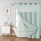MintGreen No Hook Waffle Weave Shower Curtain with snap-in Liner Replacement, 230GSM Waterproof Fabric Hotel Shower Curtain Set for Bathroom, Through Mesh Top Window,71Wx74H