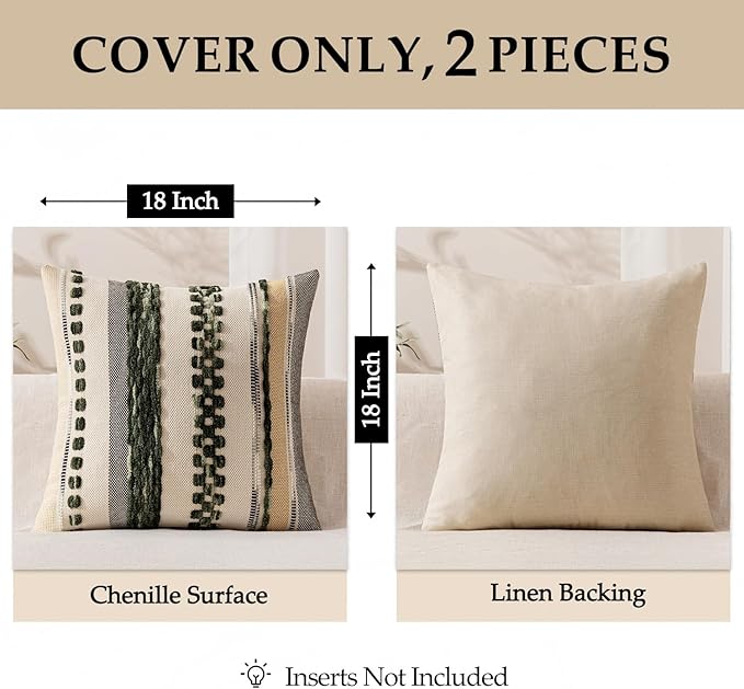 ANRODUO Pack of 2 Boho Decorative Throw Pillow Covers 18x18 Farmhouse Cushion Case Striped Chenille Pillow Cases Square Pillow Covers Accent Neutral Pillowcase for Sofa Couch Bed, Dark Green Stripe