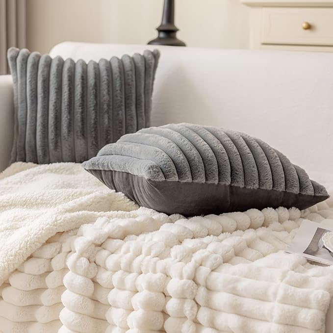 MOSAYT Faux Fur Throw Pillow Covers 16x16, Set of 2, Plush Velvet Soft Pillow Case,Fluffy Striped Decorative Couch Pillow Covers for Sofa, Bedroom, Living Room(Grey)