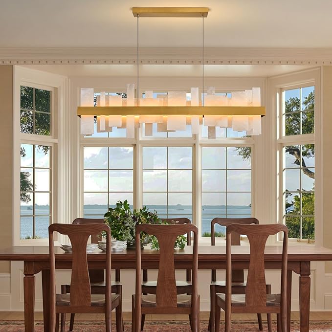 Alabaster Rectangle Chandelier, 48" Natural Spanish Marble Stone Texture Dimmable Alabaster Chandelier for Kitchen Island, Modern Luxury Lighting High Ceiling Light for Dining Room over Table