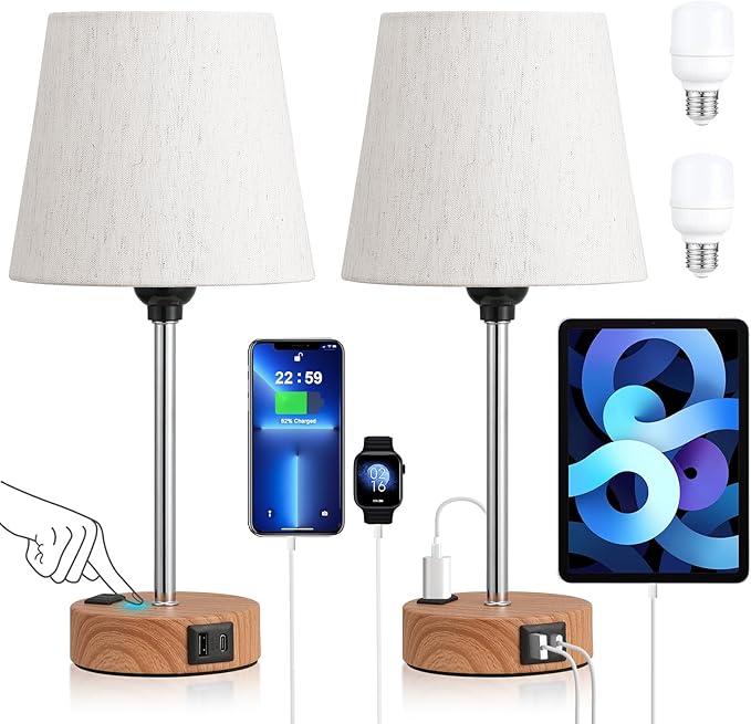 Bedside Lamps for bedrooms Set of 2 - Nightstand Bedroom Lamp with USB C Port and AC Outlet Charging, 3 Way Dimmable Touch Control Small Bed Side Table Lamp, Nightstand Light for Kids