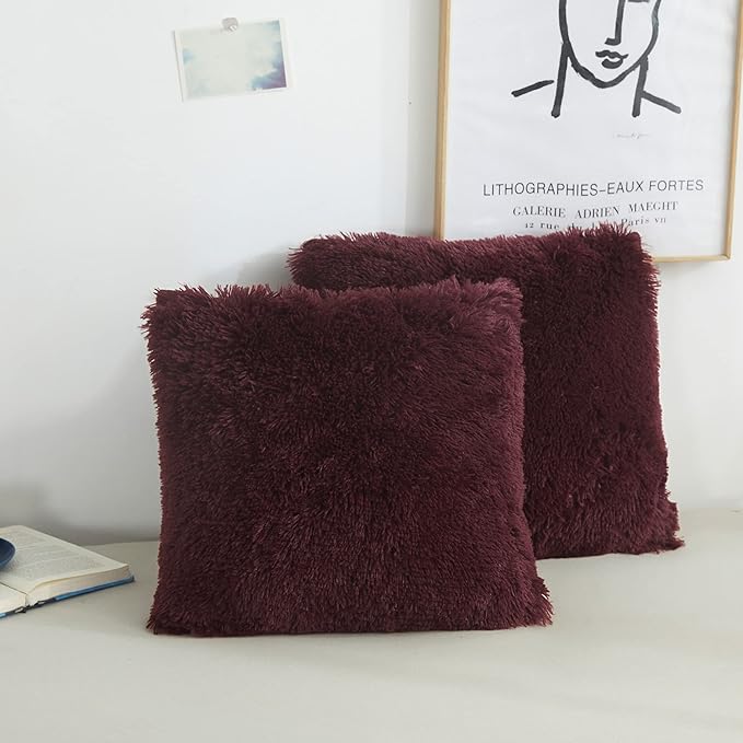 XeGe Faux Fur Throw Pillow Covers, Shaggy Fluffy Cushion Covers, Plush Furry Pillow Cases, Fuzzy Decorative Pillow Shams with Zipper Set of 2 for Sofa Bed Couch Living Room (18''x18'', Burgundy)