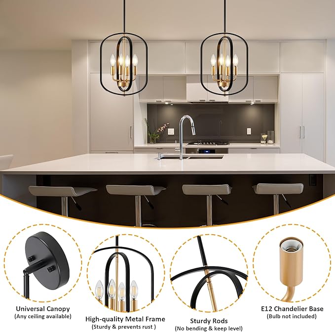 Black and Gold Chandelier for Dining Room, 4 Light Farmhouse Entryway Light Fixture, Adjustable Modern Farmhouse Chandelier Light Rustic Small Kitchen Chandelier for Entryway, Living Room, Foyer