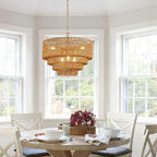19.7" Boho Rattan Chandelier Vintage 6-Light Farmhouse Hand-Woven Bamboo Chandelier Light Fixture Rustic Drum Wicker Golden Chandeliers for Dining Room, Kitchen Island, Bedroom, E12
